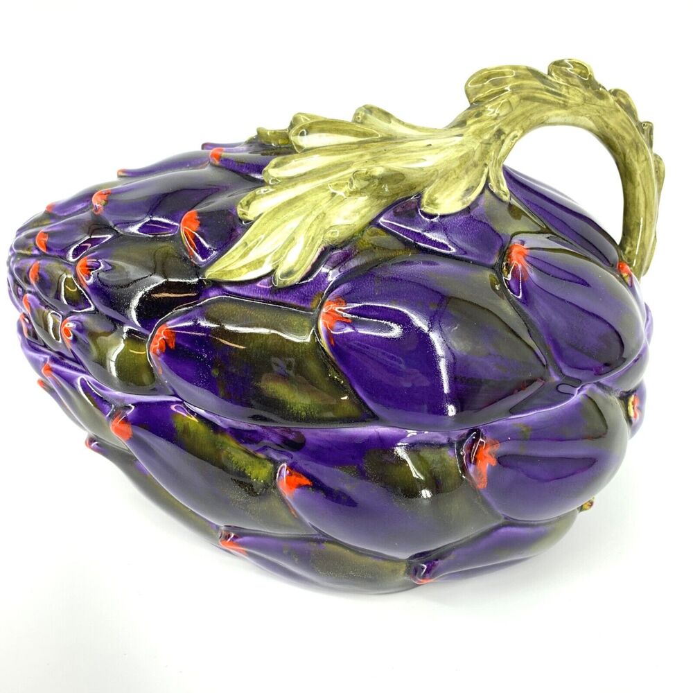 Vintage Mancioli Italy Pottery Faience Hand Painted Artichoke Soup Tureen